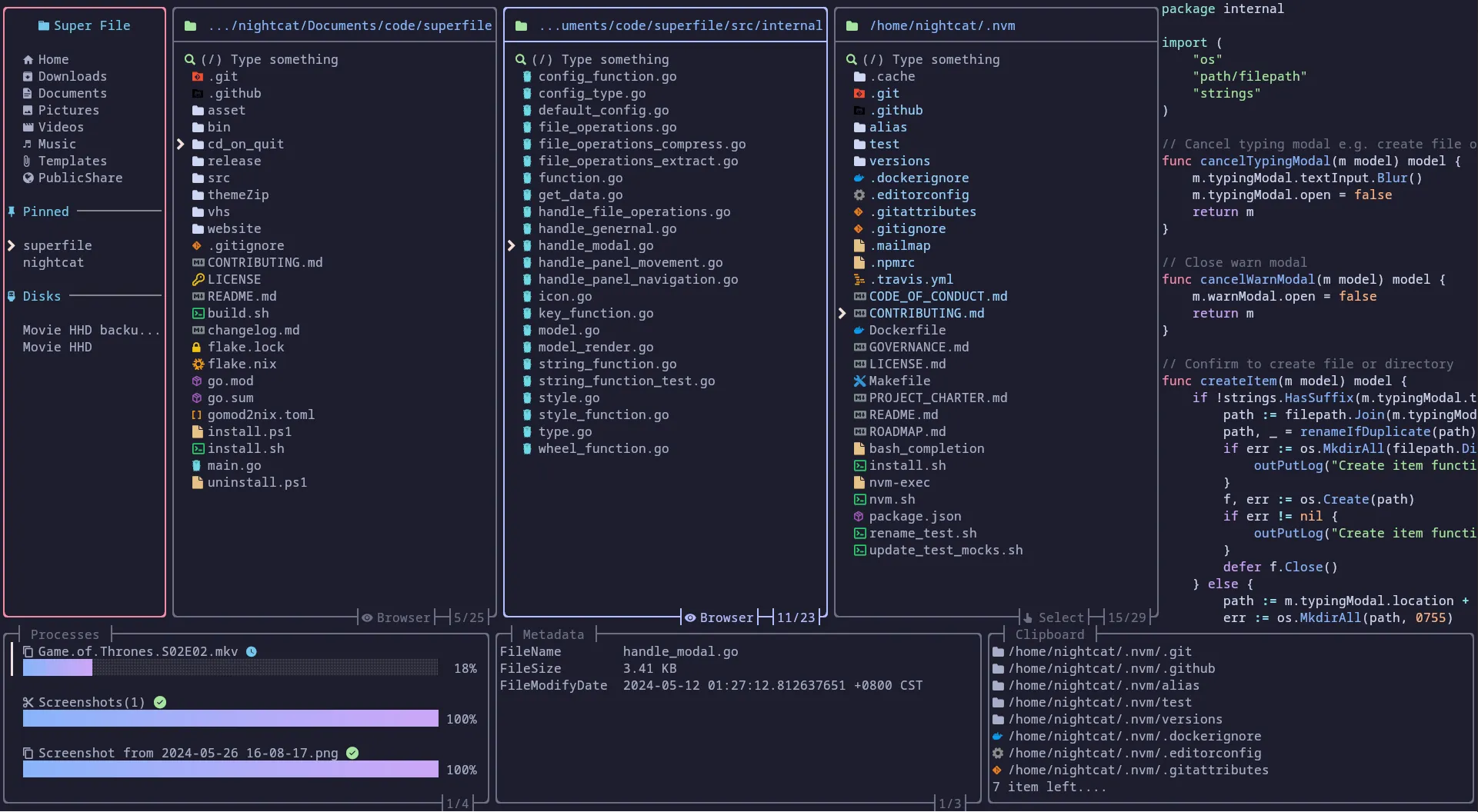 Demo of superfile terminal file manager interface